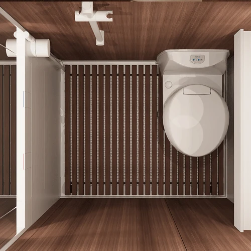 Bathroom with slatted wooden floor and ceiling fittings seen from above