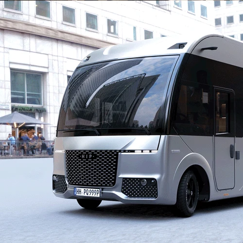 Front view of the HIP Campers 4Family motorhome parked on a city street