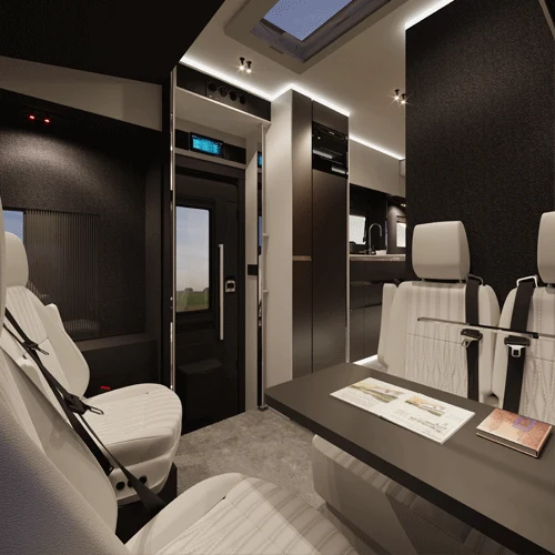 Front lounge of the HIP Campers 4Family with swiveling seats and a table