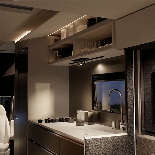 Kitchen of the HIP Campers 4Family with worktop, shelves and window