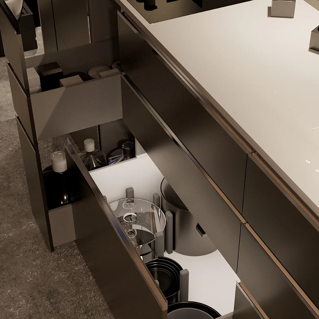 Open pull-out organizers beside the kitchen worktop