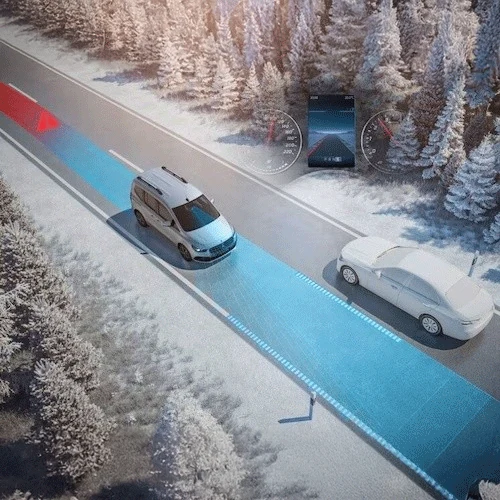 Illustration of Mercedes-Benz driving assistants scanning the road ahead of a van in snow