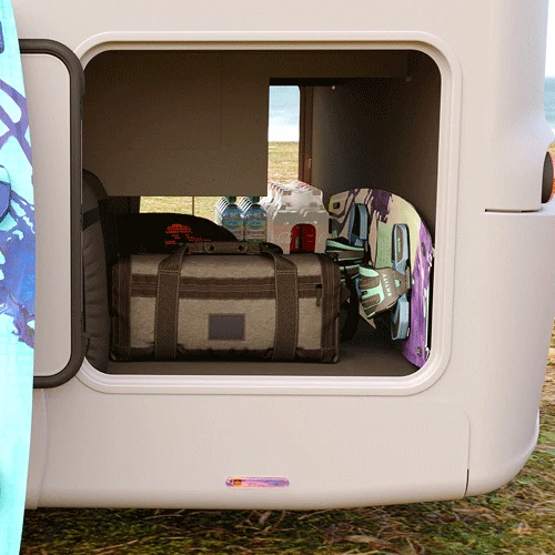 Open rear garage holding a travel bag and outdoor gear