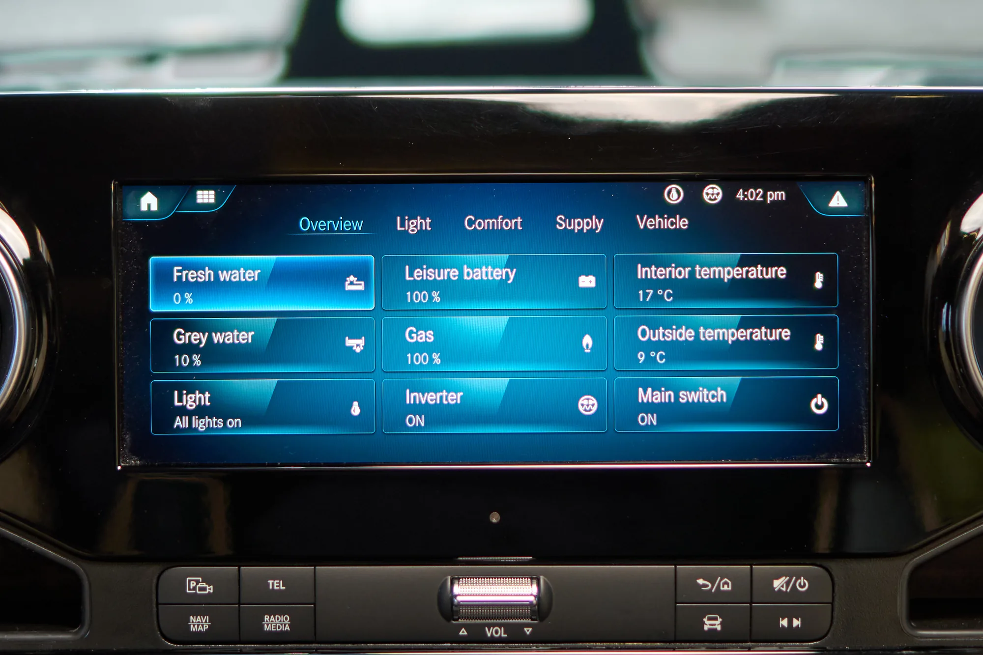HIP Campers 4Family Smart Control touchscreen showing water, battery, gas, inverter and temperature status
